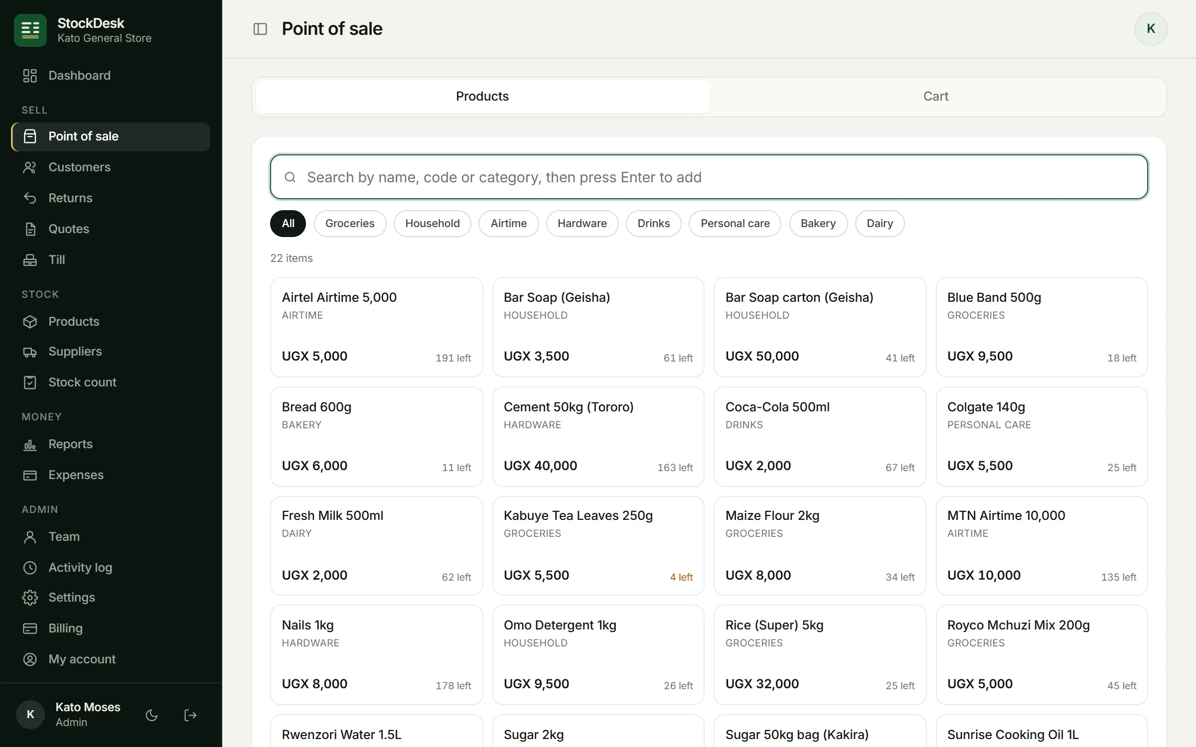 StockDesk point of sale with products, a cart and payment options